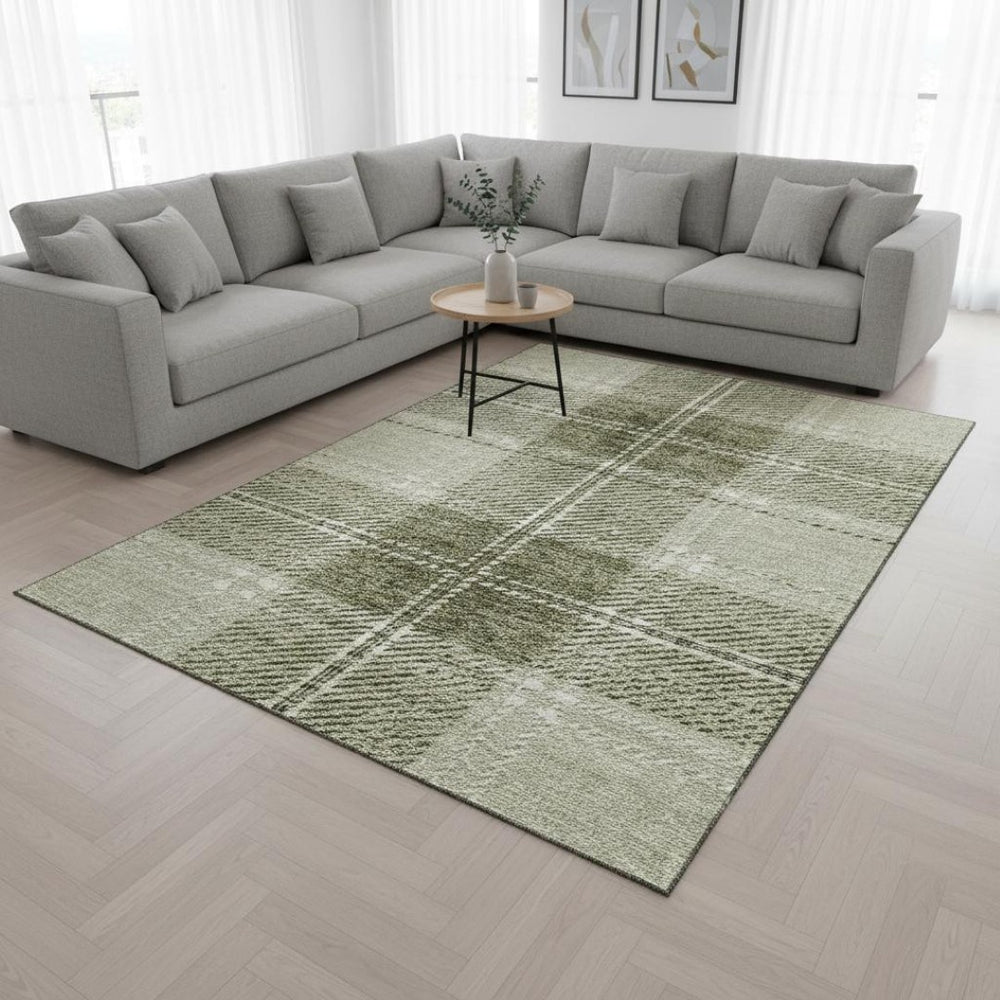 HomeRoots 10' X 14' Artichoke Green Plaid Area Rug – Stylish, Washable, UV-Protected, Ideal for Any Space! 674287