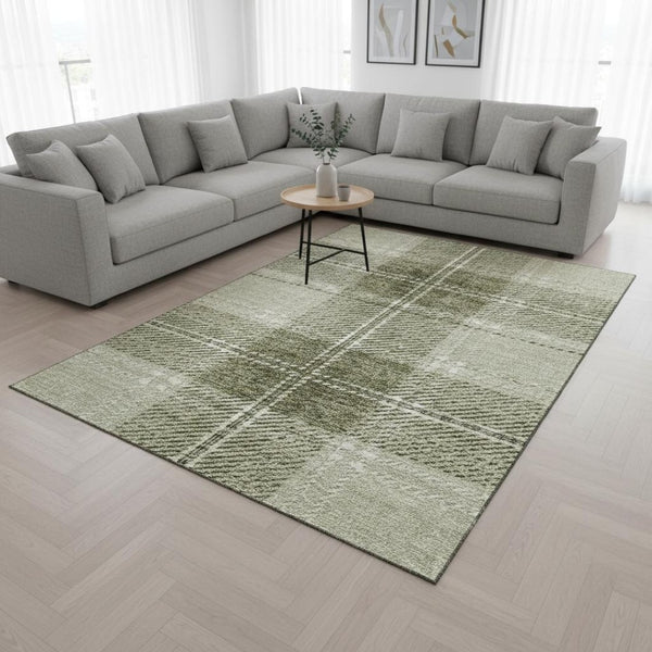 HomeRoots 10' X 14' Artichoke Green Plaid Area Rug – Stylish, Washable, UV-Protected, Ideal for Any Space! 674287