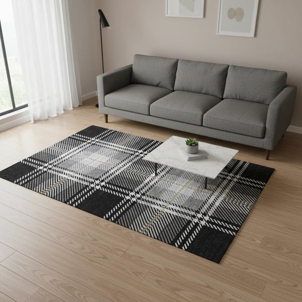 HomeRoots 5' X 8' Black Ivory Gold Plaid Area Rug - Stylish, Washable, Stain Resistant with UV Protection! 674289