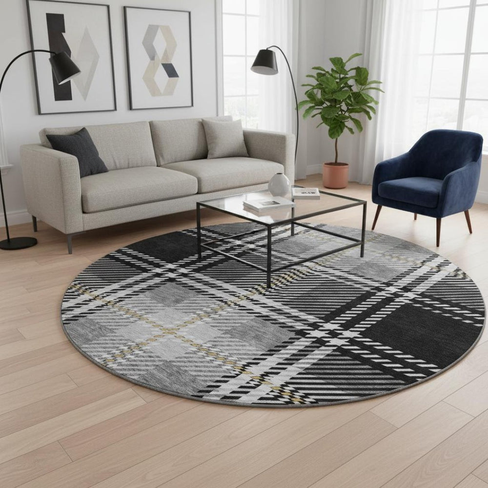 HomeRoots 8' Classic Black Ivory Gold Plaid Washable Round Rug with UV Protection for Busy Homes & Patios 674290