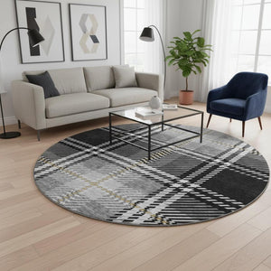HomeRoots 8' Classic Black Ivory Gold Plaid Washable Round Rug with UV Protection for Busy Homes & Patios 674290