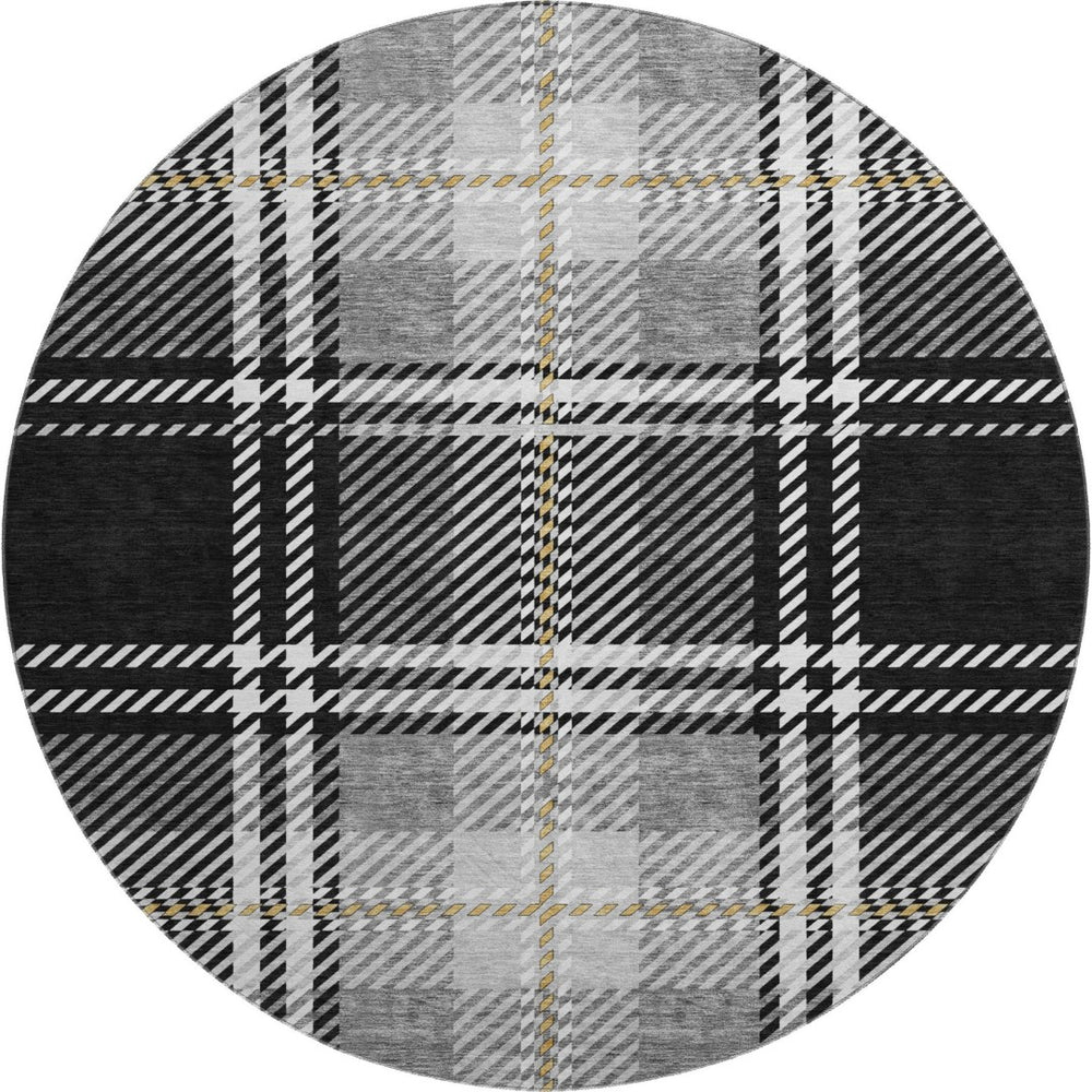 HomeRoots 8' Classic Black Ivory Gold Plaid Washable Round Rug with UV Protection for Busy Homes & Patios 674290