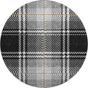 HomeRoots 8' Classic Black Ivory Gold Plaid Washable Round Rug with UV Protection for Busy Homes & Patios 674290