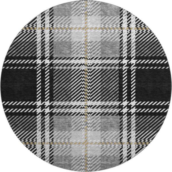 HomeRoots 8' Classic Black Ivory Gold Plaid Washable Round Rug with UV Protection for Busy Homes & Patios 674290