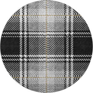 HomeRoots 8' Classic Black Ivory Gold Plaid Washable Round Rug with UV Protection for Busy Homes & Patios 674290