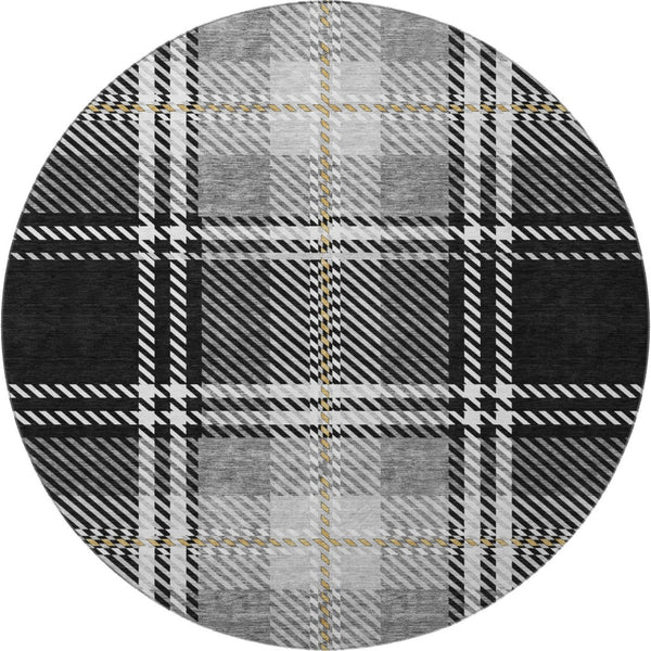 HomeRoots 8' Classic Black Ivory Gold Plaid Washable Round Rug with UV Protection for Busy Homes & Patios 674290