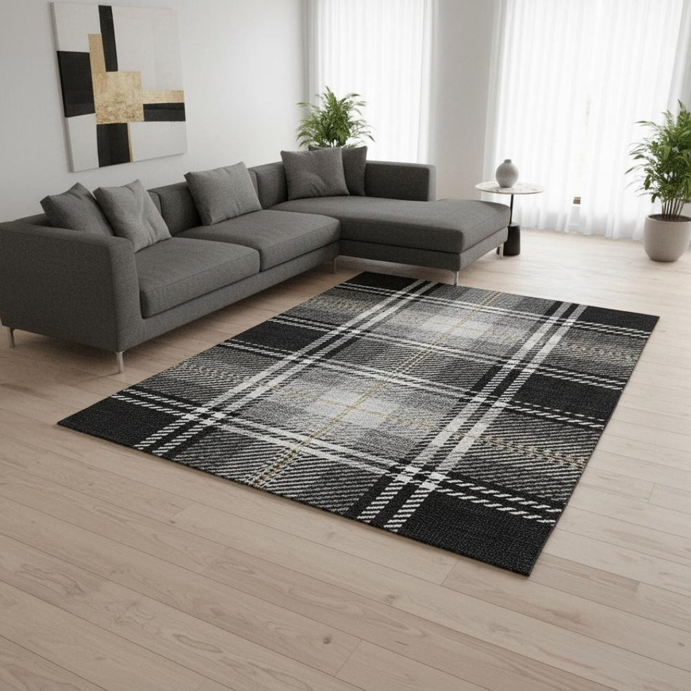 HomeRoots 8' X 10' Washable Black Ivory Gold Plaid Area Rug with UV Protection for High-Traffic Spaces 674291