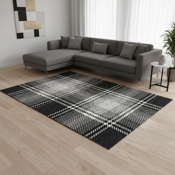 HomeRoots 9' X 12' Washable Black Ivory Gold Plaid Area Rug with UV Protection for High-Traffic Spaces 674292