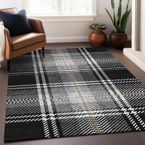 HomeRoots 9' X 12' Washable Black Ivory Gold Plaid Area Rug with UV Protection for High-Traffic Spaces 674292