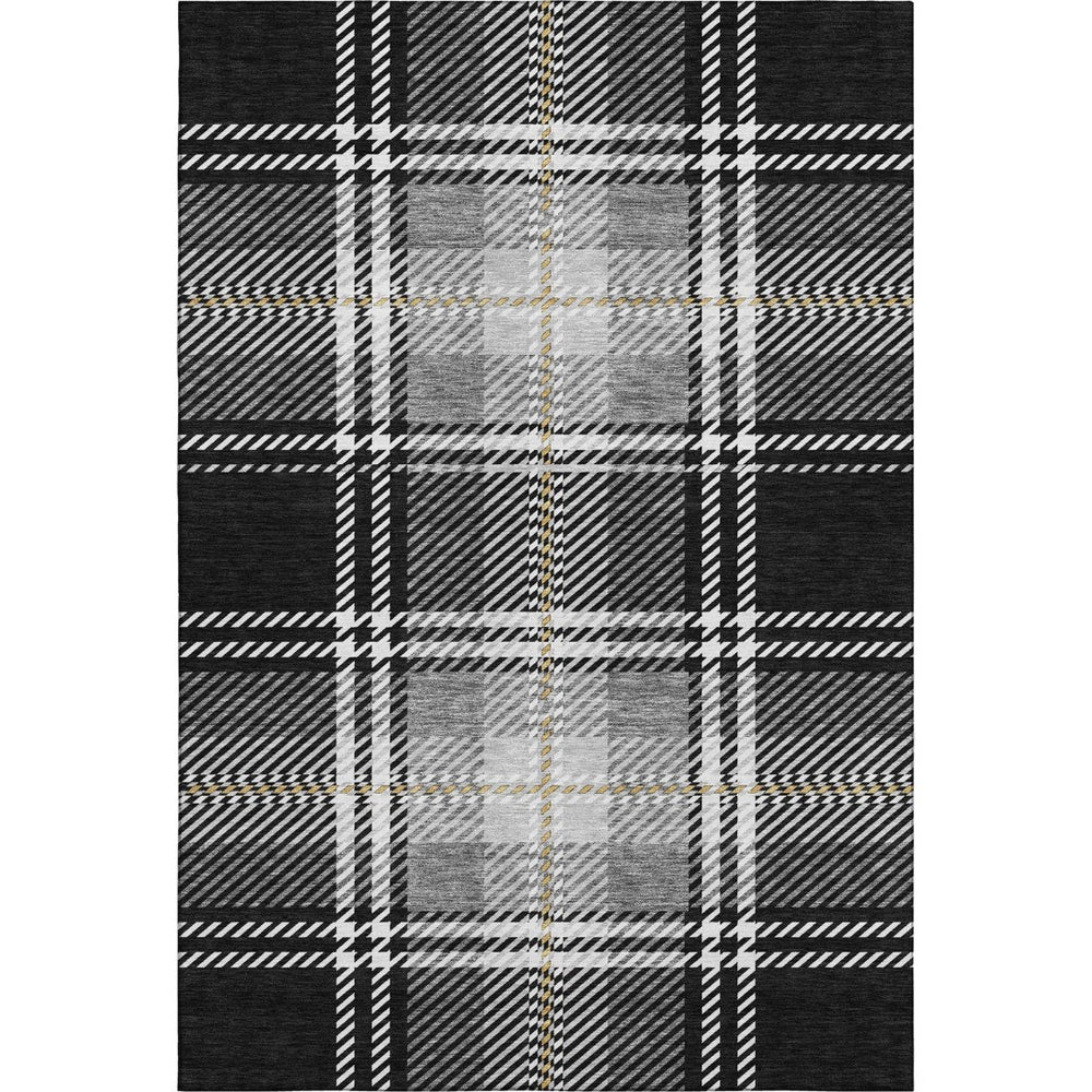 HomeRoots 9' X 12' Washable Black Ivory Gold Plaid Area Rug with UV Protection for High-Traffic Spaces 674292