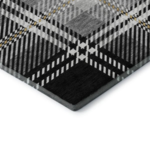 HomeRoots 9' X 12' Washable Black Ivory Gold Plaid Area Rug with UV Protection for High-Traffic Spaces 674292