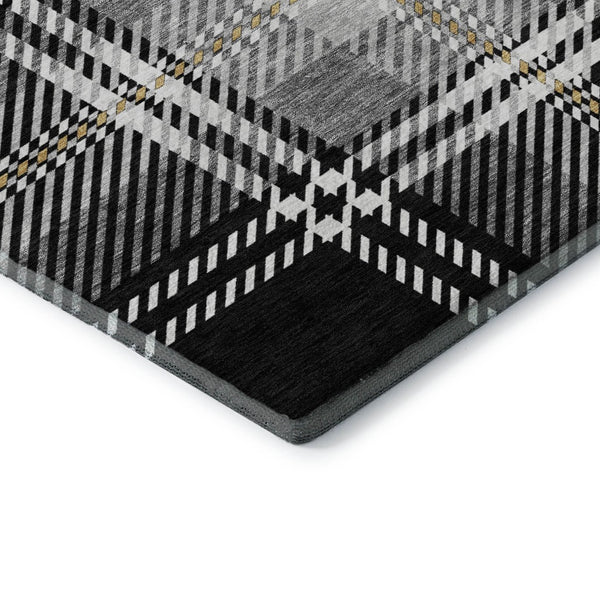 HomeRoots 9' X 12' Washable Black Ivory Gold Plaid Area Rug with UV Protection for High-Traffic Spaces 674292