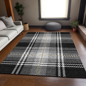 HomeRoots 9' X 12' Washable Black Ivory Gold Plaid Area Rug with UV Protection for High-Traffic Spaces 674292