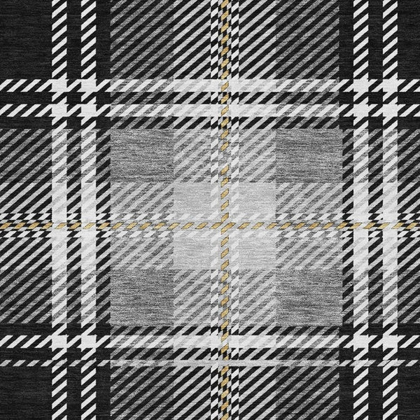 HomeRoots 9' X 12' Washable Black Ivory Gold Plaid Area Rug with UV Protection for High-Traffic Spaces 674292