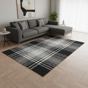 HomeRoots 10' X 14' Black Ivory Gold Plaid Washable Area Rug - Durable, UV-Protected, Perfect for Families! 674293