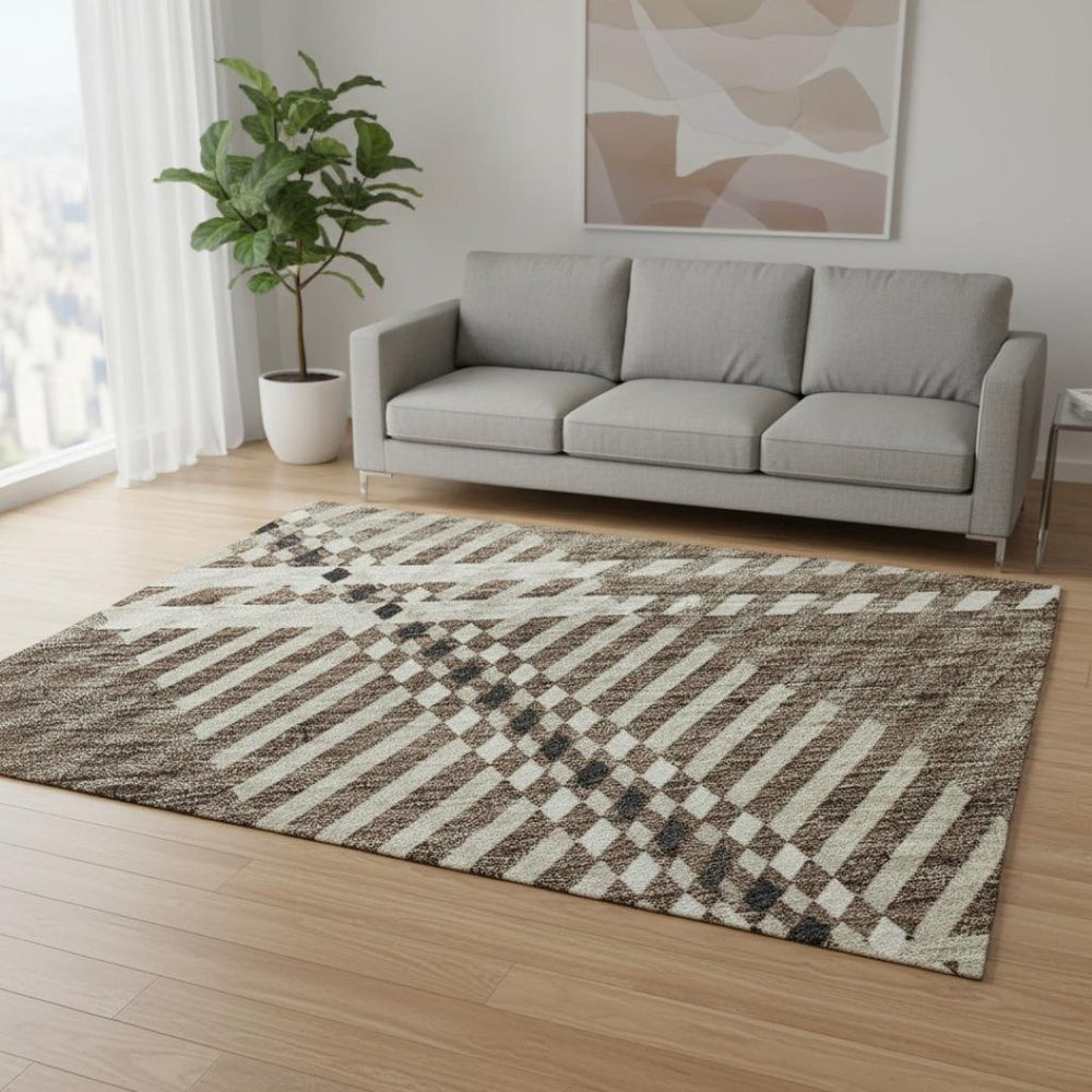 HomeRoots 5' X 8' Washable Brown Ivory Taupe Plaid Area Rug - Durable, Stain Resistant, UV Protected Design 674295