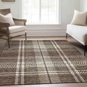 HomeRoots 5' X 8' Washable Brown Ivory Taupe Plaid Area Rug - Durable, Stain Resistant, UV Protected Design 674295
