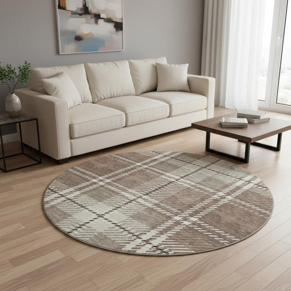 HomeRoots 8' Washable Round Rug in Brown, Ivory & Taupe Plaid - Durable, Stain-Resistant & UV Protected Decor 674296