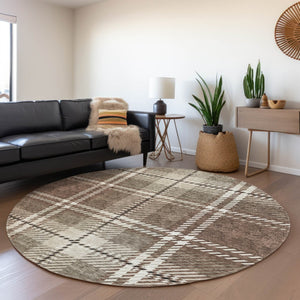 HomeRoots 8' Washable Round Rug in Brown, Ivory & Taupe Plaid - Durable, Stain-Resistant & UV Protected Decor 674296