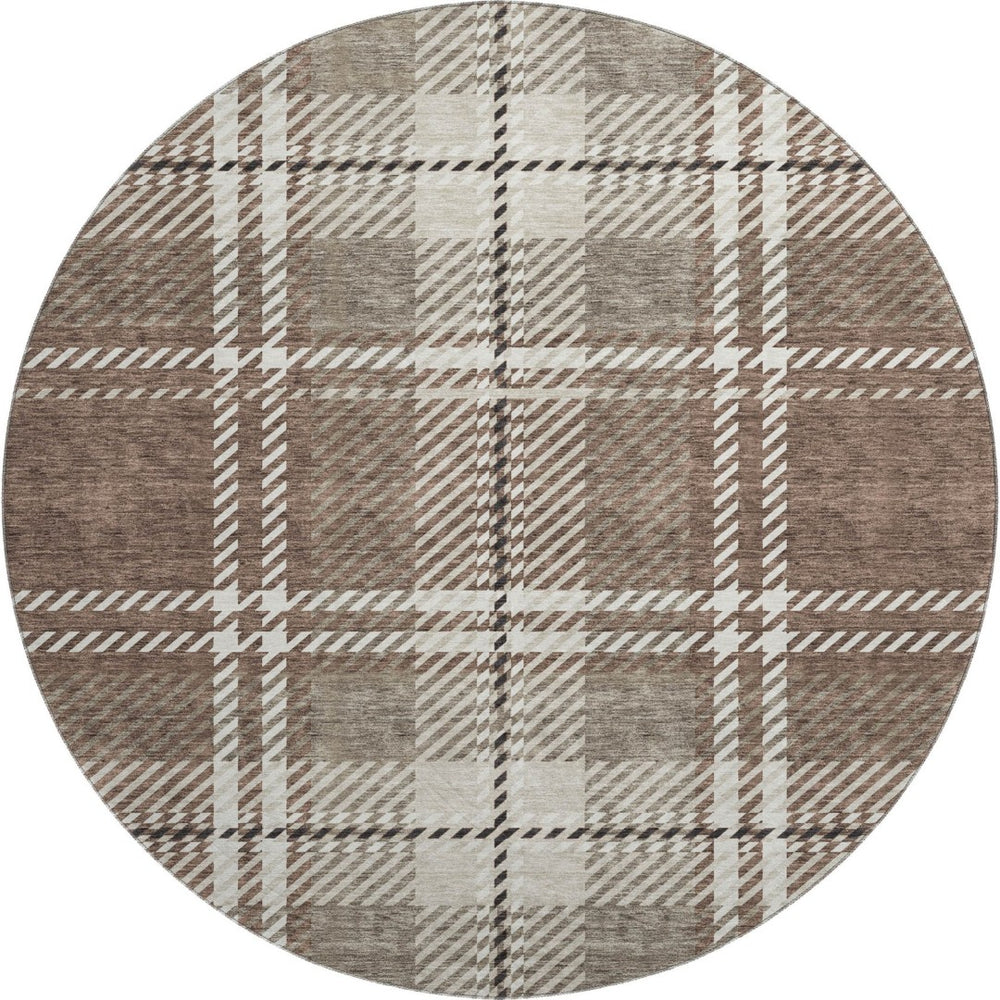 HomeRoots 8' Washable Round Rug in Brown, Ivory & Taupe Plaid - Durable, Stain-Resistant & UV Protected Decor 674296