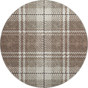 HomeRoots 8' Washable Round Rug in Brown, Ivory & Taupe Plaid - Durable, Stain-Resistant & UV Protected Decor 674296