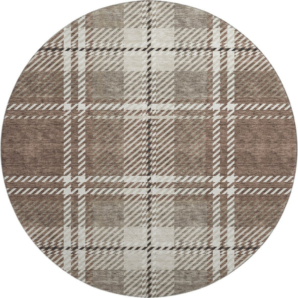 HomeRoots 8' Washable Round Rug in Brown, Ivory & Taupe Plaid - Durable, Stain-Resistant & UV Protected Decor 674296