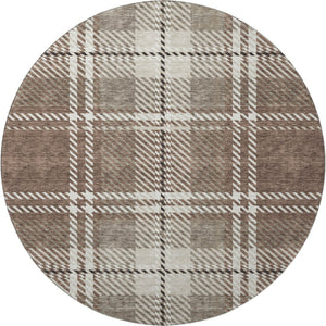 HomeRoots 8' Washable Round Rug in Brown, Ivory & Taupe Plaid - Durable, Stain-Resistant & UV Protected Decor 674296