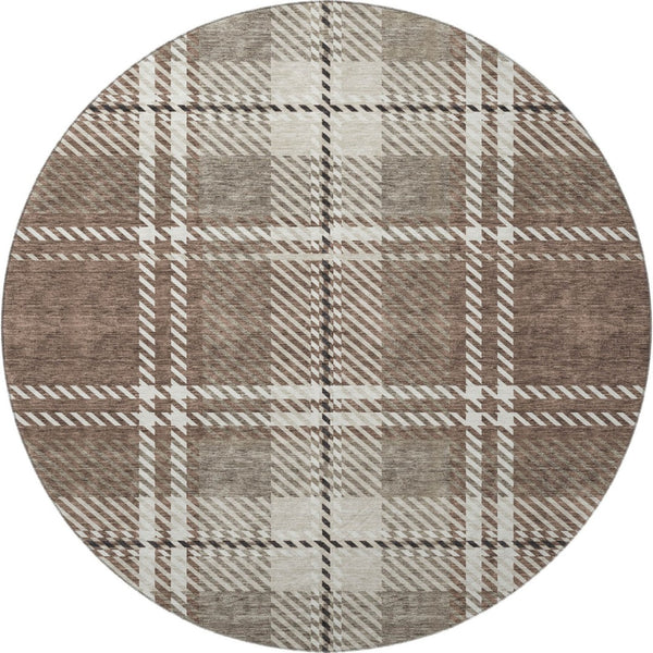 HomeRoots 8' Washable Round Rug in Brown, Ivory & Taupe Plaid - Durable, Stain-Resistant & UV Protected Decor 674296