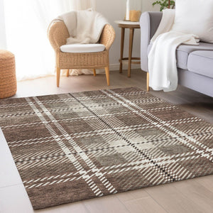 HomeRoots 8' X 10' Washable Plaid Area Rug in Brown, Ivory & Taupe - UV Resistant, Durable, Easy-Care Design 674297