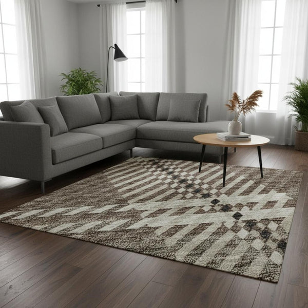HomeRoots 9' X 12' Classic Brown Ivory Taupe Plaid Washable Area Rug with UV Protection for Homes & Patios 674298