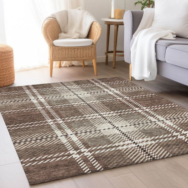 HomeRoots 9' X 12' Classic Brown Ivory Taupe Plaid Washable Area Rug with UV Protection for Homes & Patios 674298