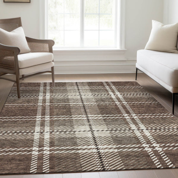 HomeRoots 9' X 12' Classic Brown Ivory Taupe Plaid Washable Area Rug with UV Protection for Homes & Patios 674298