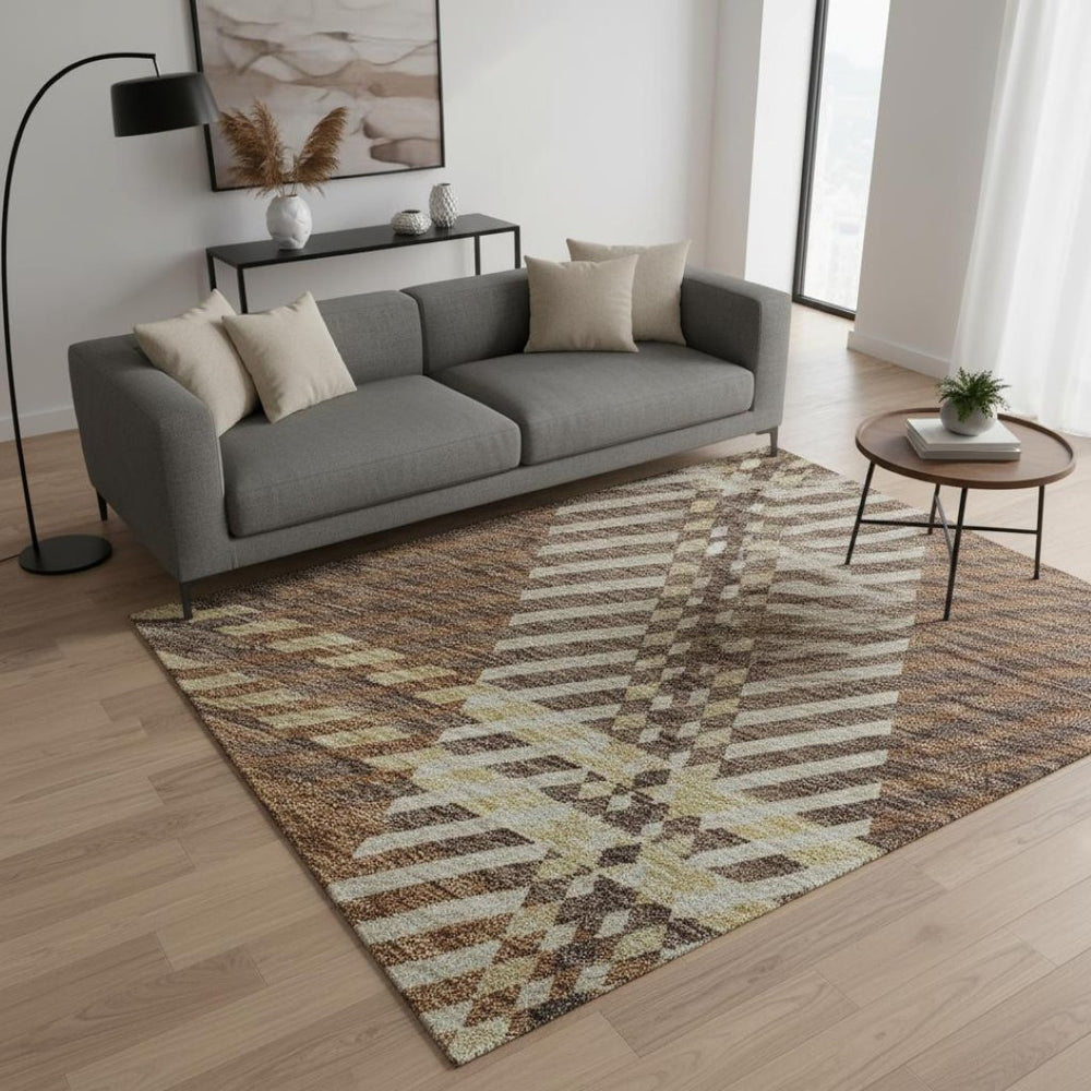 HomeRoots 5' X 8' Chocolate Beige Gold Plaid Washable Area Rug – Durable, Stain Resistant & UV Protected! 674301