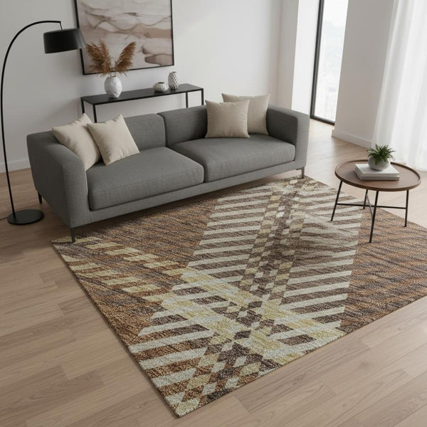 HomeRoots 5' X 8' Chocolate Beige Gold Plaid Washable Area Rug – Durable, Stain Resistant & UV Protected! 674301