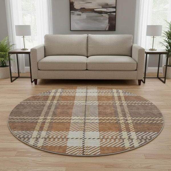 HomeRoots 8' Washable Round Rug with Chocolate Beige & Gold Plaid - UV Protected, Durable, and Stain-Resistant 674302
