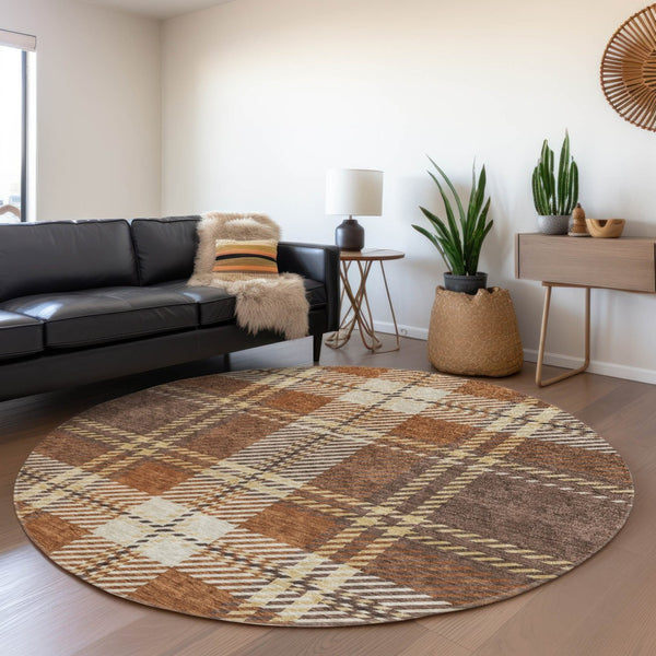 HomeRoots 8' Washable Round Rug with Chocolate Beige & Gold Plaid - UV Protected, Durable, and Stain-Resistant 674302