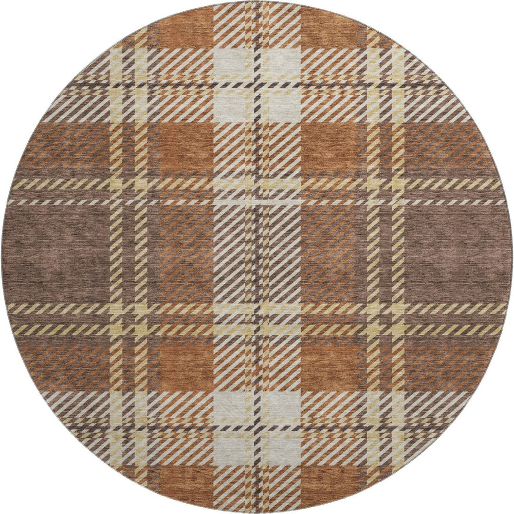 HomeRoots 8' Washable Round Rug with Chocolate Beige & Gold Plaid - UV Protected, Durable, and Stain-Resistant 674302