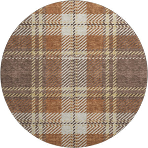 HomeRoots 8' Washable Round Rug with Chocolate Beige & Gold Plaid - UV Protected, Durable, and Stain-Resistant 674302