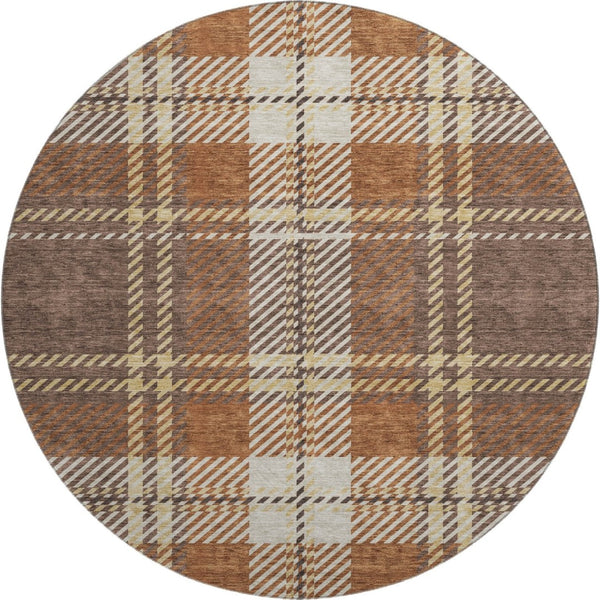 HomeRoots 8' Washable Round Rug with Chocolate Beige & Gold Plaid - UV Protected, Durable, and Stain-Resistant 674302