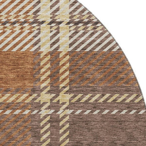 HomeRoots 8' Washable Round Rug with Chocolate Beige & Gold Plaid - UV Protected, Durable, and Stain-Resistant 674302