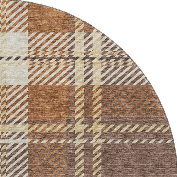 HomeRoots 8' Washable Round Rug with Chocolate Beige & Gold Plaid - UV Protected, Durable, and Stain-Resistant 674302