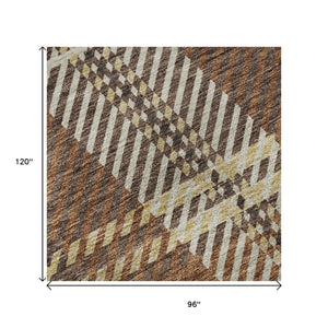 HomeRoots 8' X 10' Chocolate Beige and Gold Plaid Durable Washable Area Rug with UV Protection for Easy Care 674303