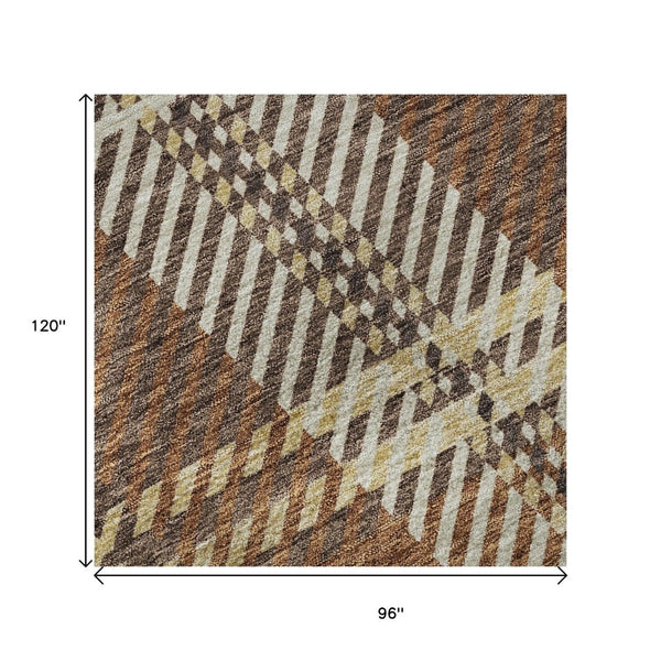 HomeRoots 8' X 10' Chocolate Beige and Gold Plaid Durable Washable Area Rug with UV Protection for Easy Care 674303