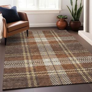HomeRoots 9' X 12' Classic Chocolate Beige Gold Plaid Area Rug - Stain-Resistant, UV Protected, Easy Care! 674304