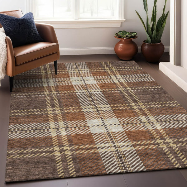 HomeRoots 9' X 12' Classic Chocolate Beige Gold Plaid Area Rug - Stain-Resistant, UV Protected, Easy Care! 674304