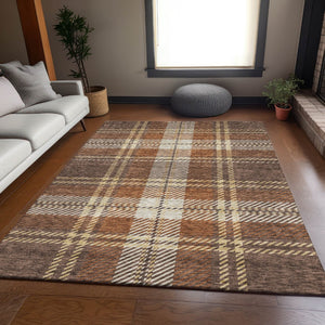 HomeRoots 9' X 12' Classic Chocolate Beige Gold Plaid Area Rug - Stain-Resistant, UV Protected, Easy Care! 674304