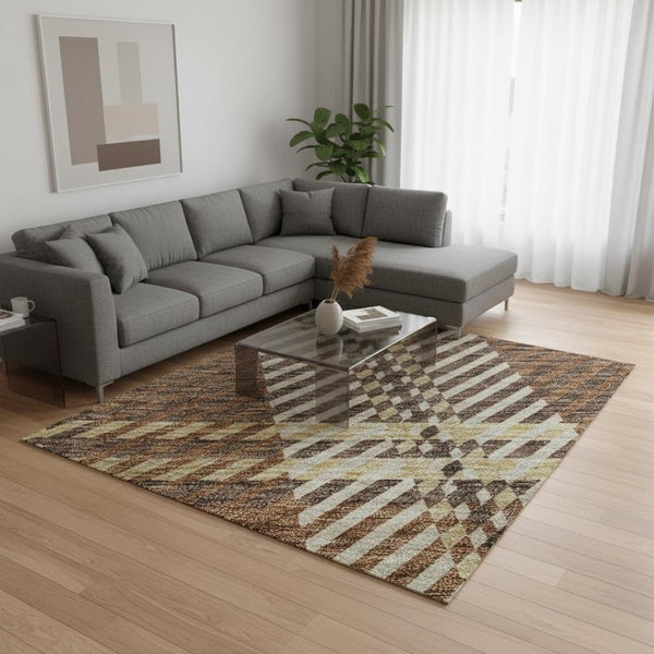 HomeRoots 10' Chocolate Beige & Gold Plaid Washable Area Rug - UV Protected, Stain Resistant for Busy Homes 674305