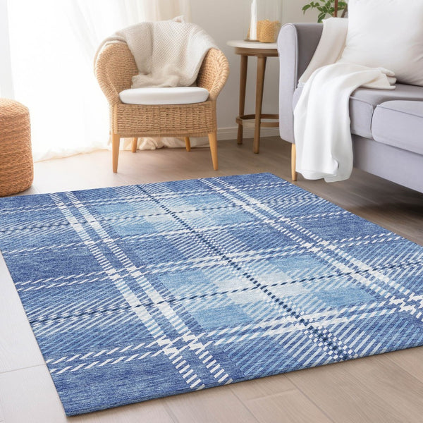 HomeRoots 5' X 8' Denim Blue & Ivory Plaid Washable Area Rug with UV Protection for Stylish, Everyday Living 674307