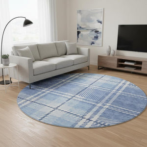 HomeRoots 8' Denim Blue and Ivory Plaid Washable Round Rug - UV Protected, Stain Resistant, Durable Design 674308