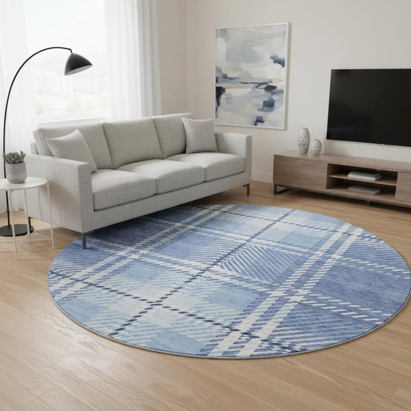 HomeRoots 8' Denim Blue and Ivory Plaid Washable Round Rug - UV Protected, Stain Resistant, Durable Design 674308